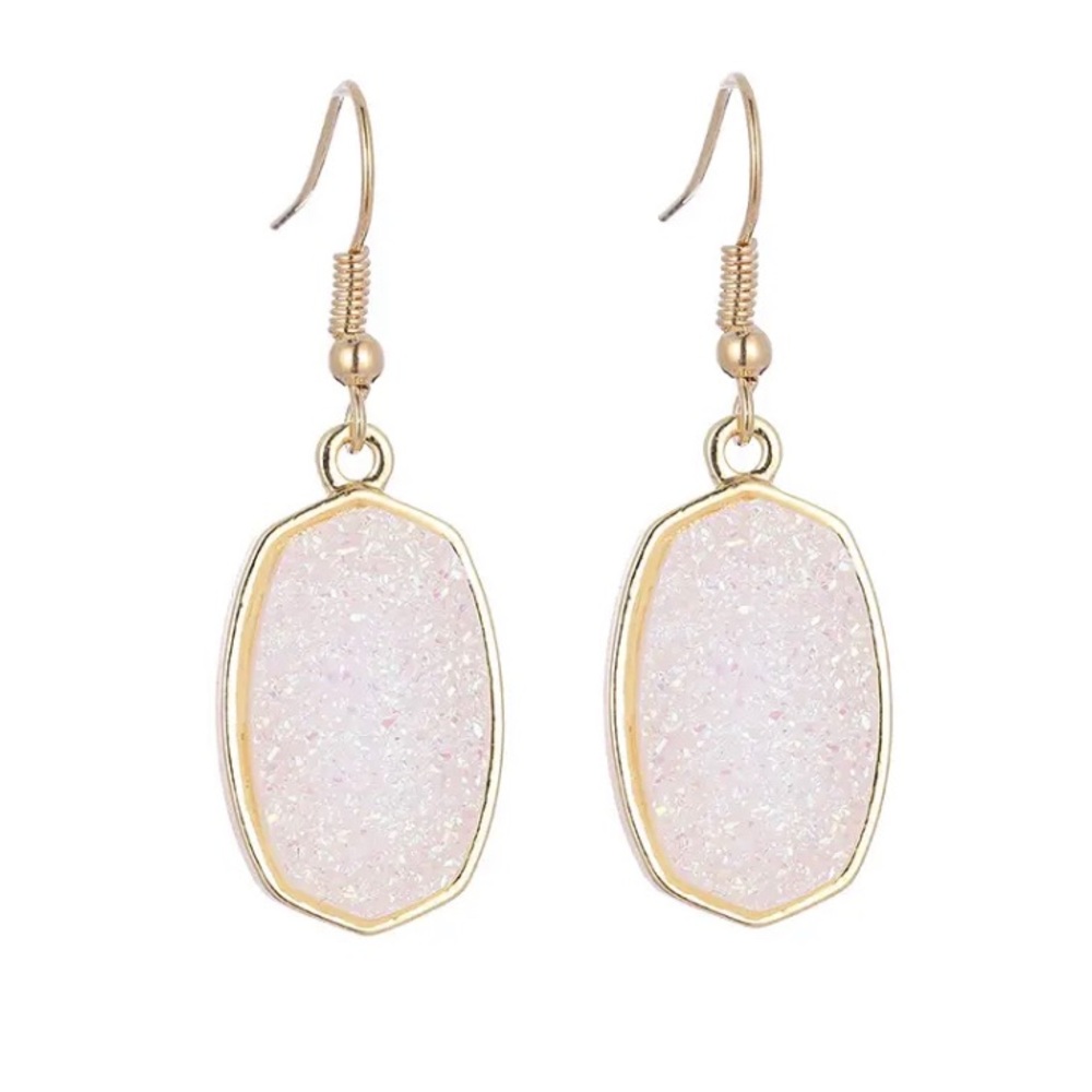 Gold Ivory Iridescent Crystal Oval Hexagon Dangle Earrings